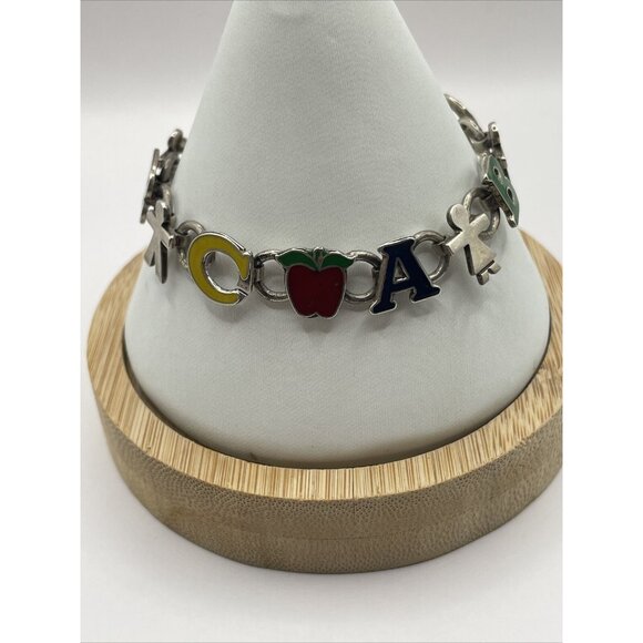 Mexico 925 Silver Enamel ABC Teacher Children Kids Chain Bracelet Vintage A277 - Picture 5 of 16